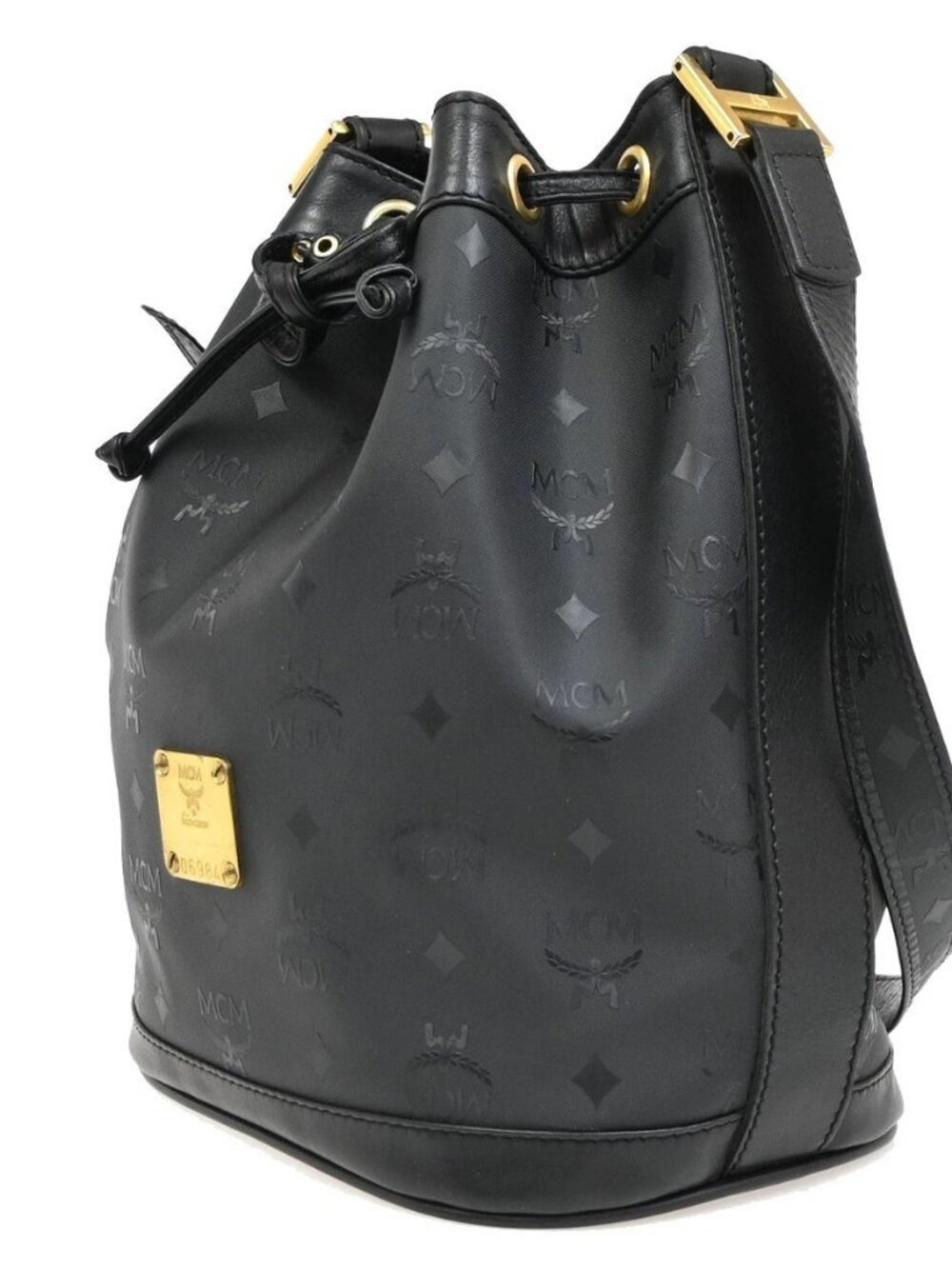 MCM Logo Visetos Pattern Drawstring Shoulder Bag PVC Leather Black GHW 64EG415 - Picture 2 of 13